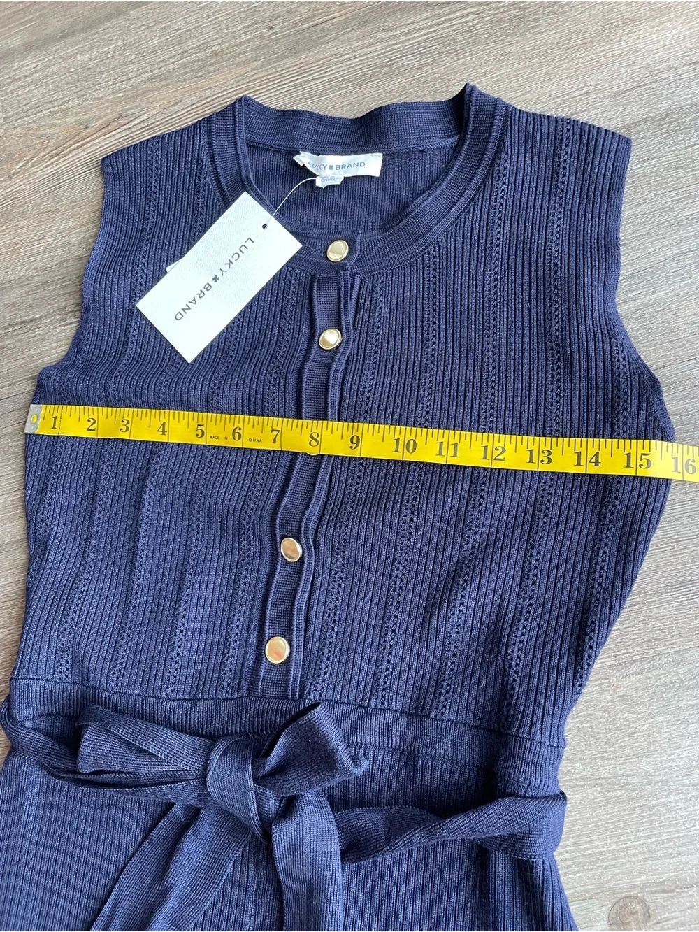 Lucky Brand Ribbed Knit Midi Dress XS Navy Gold Button Nautical Tie Belt NWT